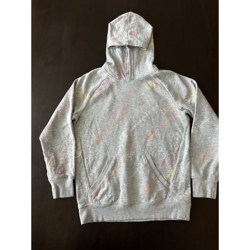 Champion Kids Gray Pastel All Over Script Logo Pullover Hoodie Sweatshirt L